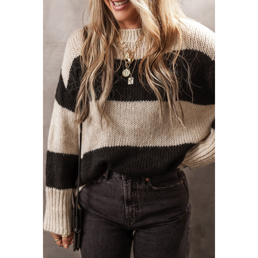 Color Block Round Neck Sweater Black / S Apparel and Accessories