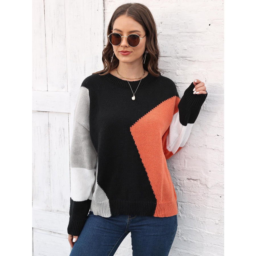 Color Block Round Neck Sweater Black / One Size