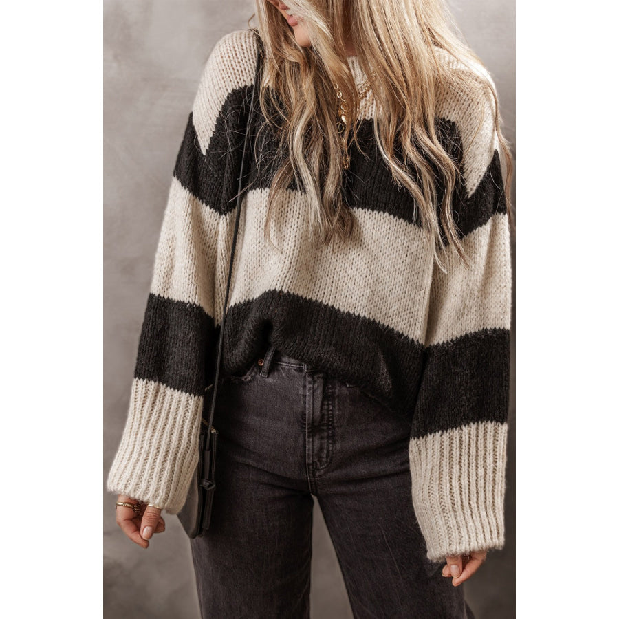 Color Block Round Neck Sweater Black / S Apparel and Accessories