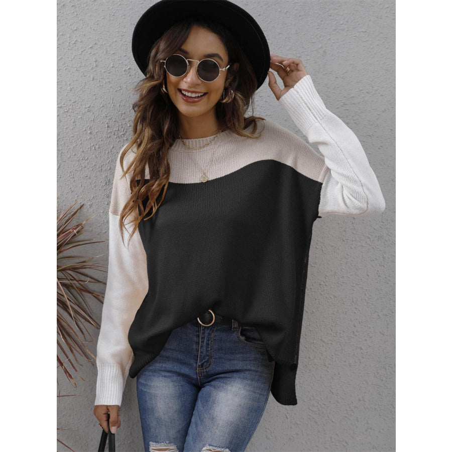 Color Block Round Neck Sweater Black / S Apparel and Accessories