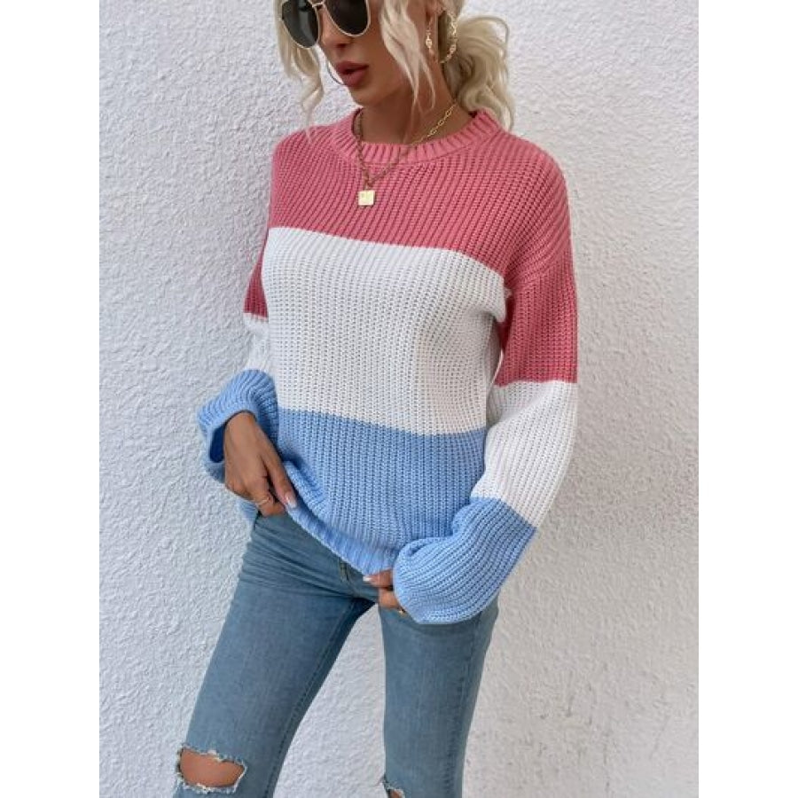 Color Block Round Neck Sweater Blush Pink / S Clothing