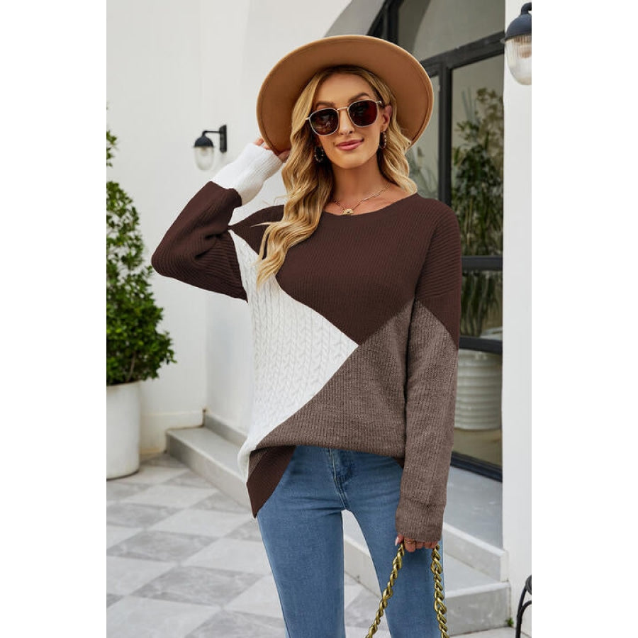 Color Block Round Neck Sweater Chestnut / S