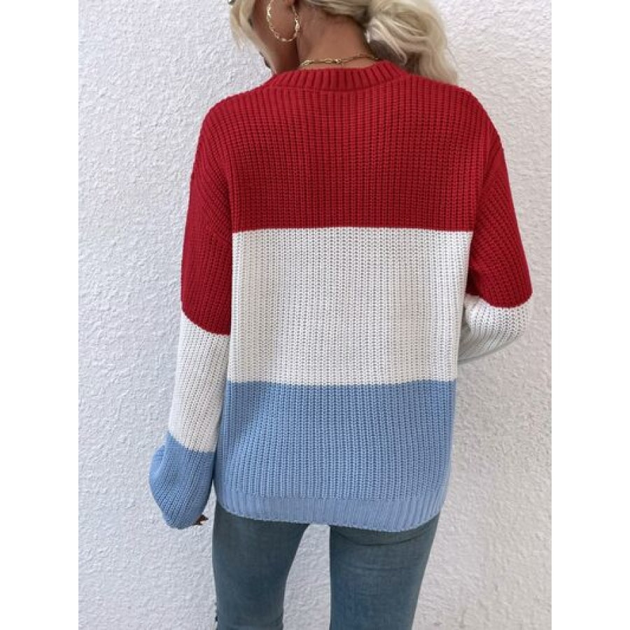 Color Block Round Neck Sweater Clothing