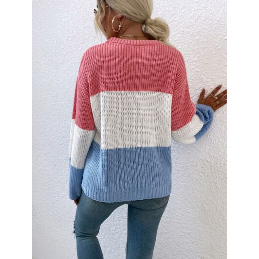 Color Block Round Neck Sweater Clothing