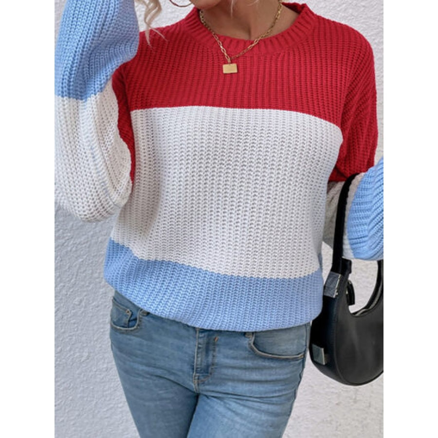 Color Block Round Neck Sweater Clothing