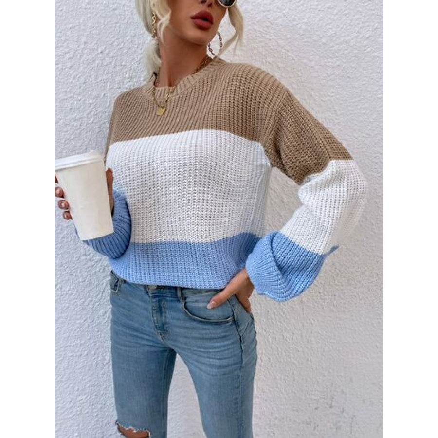 Color Block Round Neck Sweater Clothing