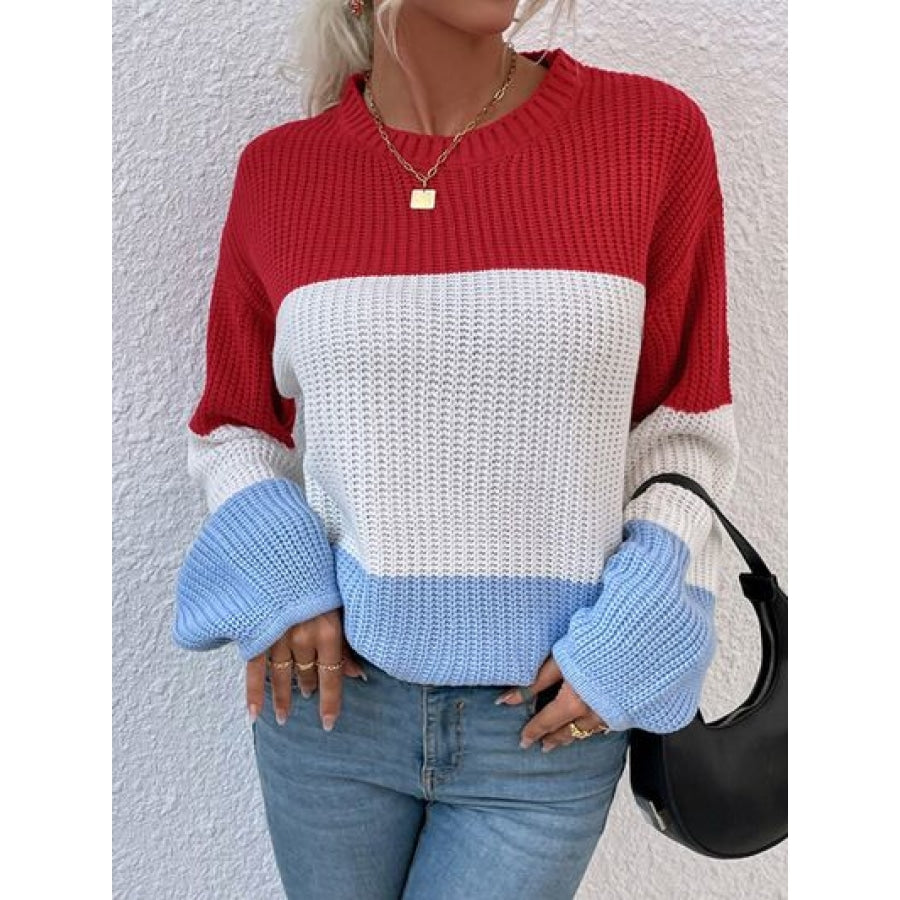 Color Block Round Neck Sweater Deep Red / S Clothing