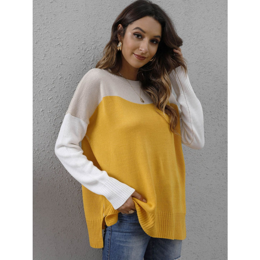 Color Block Round Neck Sweater Gold / S Apparel and Accessories