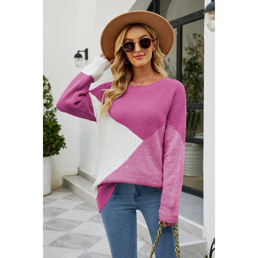 Color Block Round Neck Sweater Heliotrope Purple / S