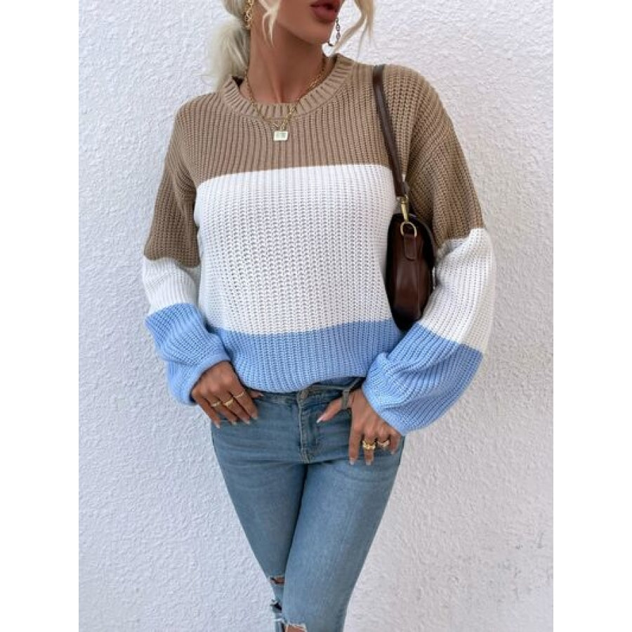 Color Block Round Neck Sweater Khaki / S Clothing