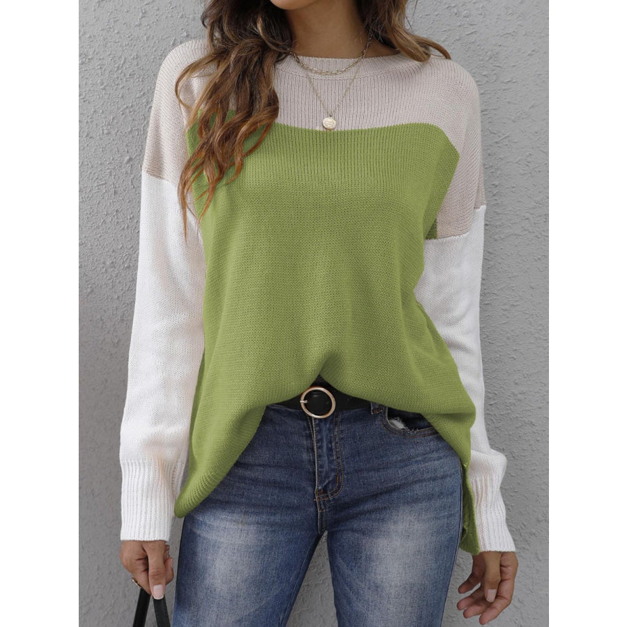 Color Block Round Neck Sweater Lime / S Apparel and Accessories