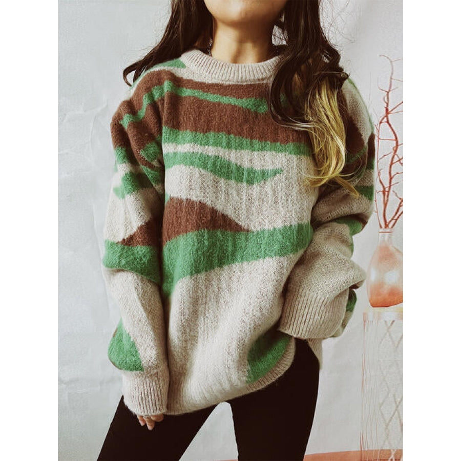 Color Block Round Neck Sweater Matcha Green / S Shirts &amp; Tops