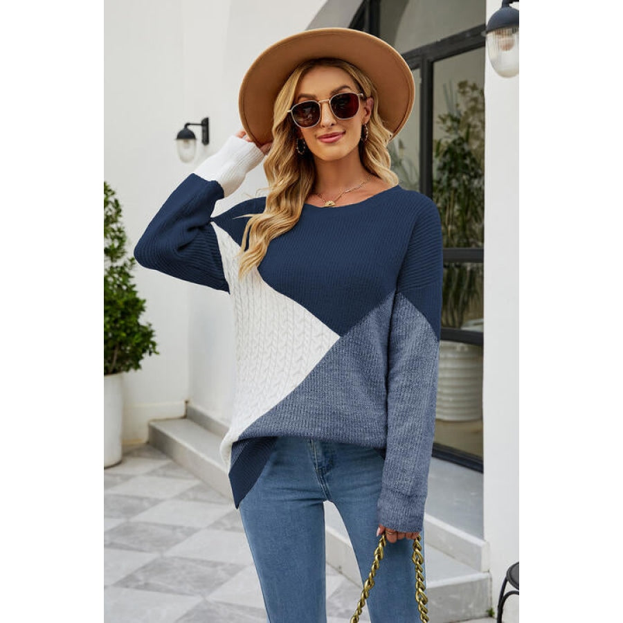 Color Block Round Neck Sweater Peacock Blue / S