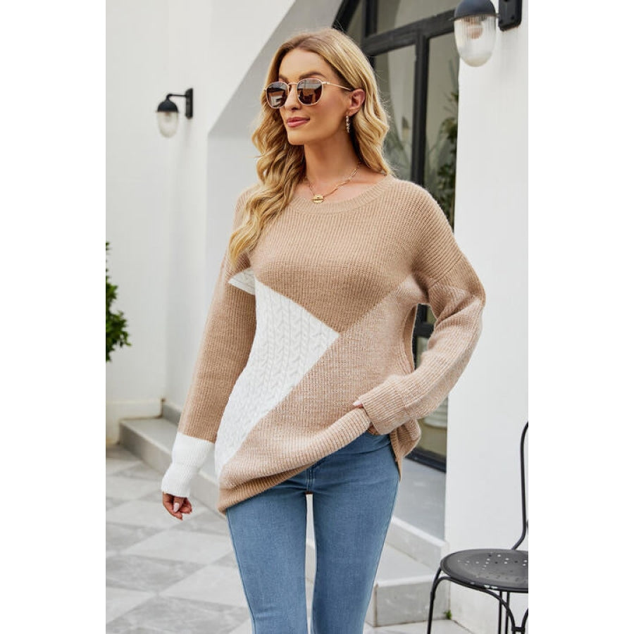 Color Block Round Neck Sweater Tan / S