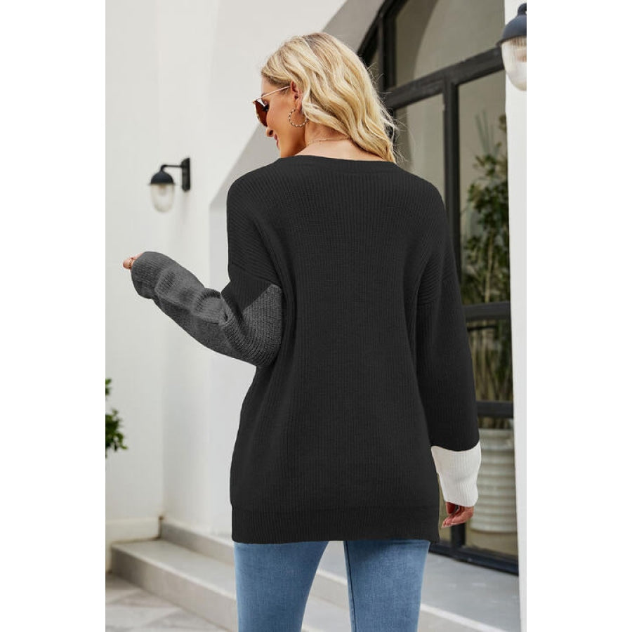 Color Block Round Neck Sweater Black / S