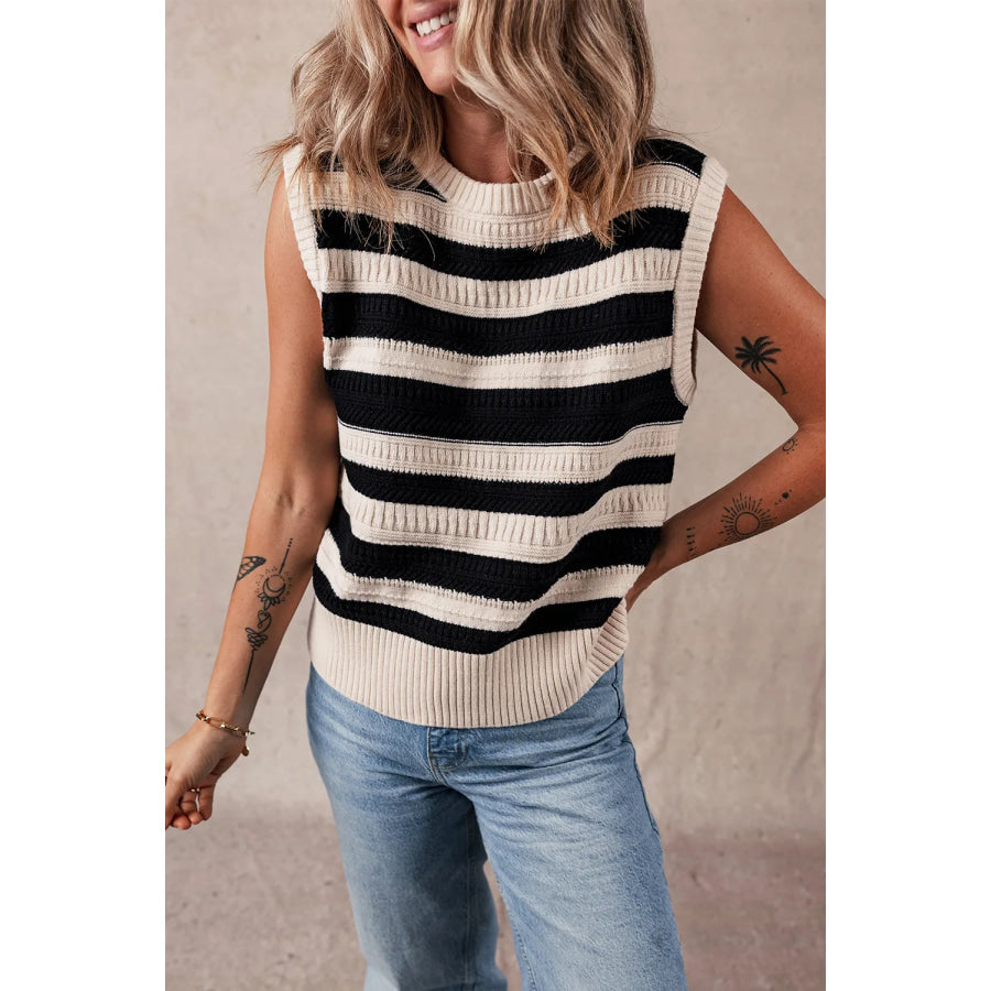Color Block Round Neck Sweater Vest Black / S Apparel and Accessories