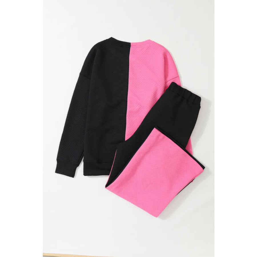 Color Block Round Neck Sweatshirt and Pants Set Apparel and Accessories