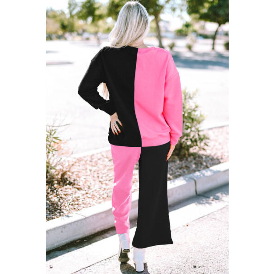 Color Block Round Neck Sweatshirt and Pants Set Black / S Apparel and Accessories