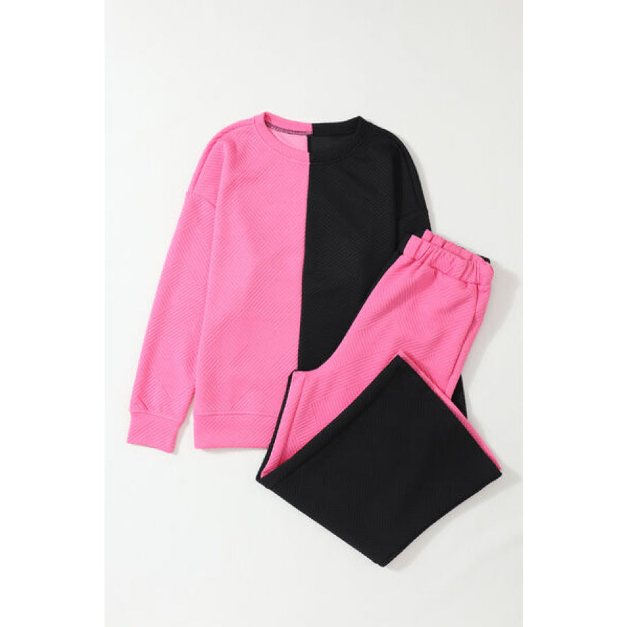 Color Block Round Neck Sweatshirt and Pants Set Apparel and Accessories