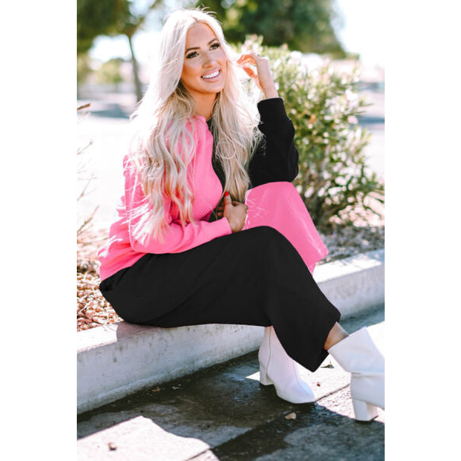 Color Block Round Neck Sweatshirt and Pants Set Apparel and Accessories