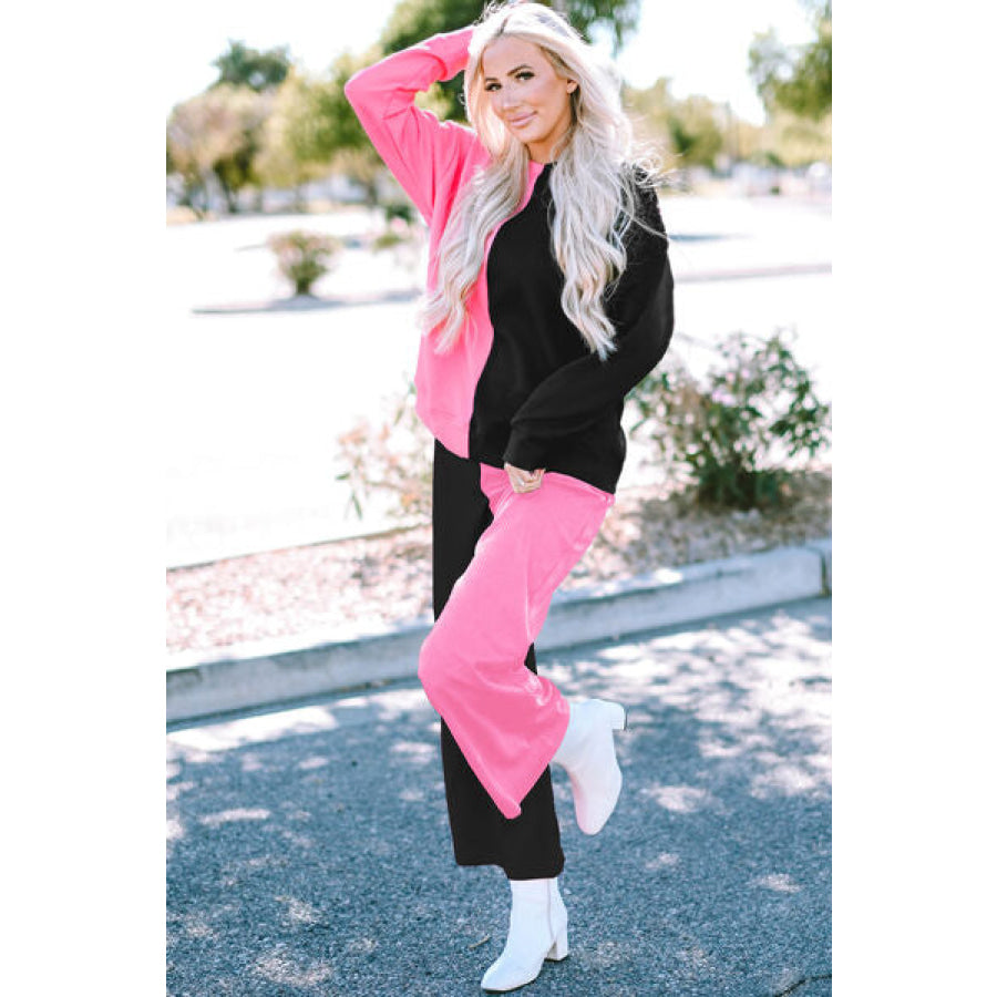 Color Block Round Neck Sweatshirt and Pants Set Black / S Apparel and Accessories