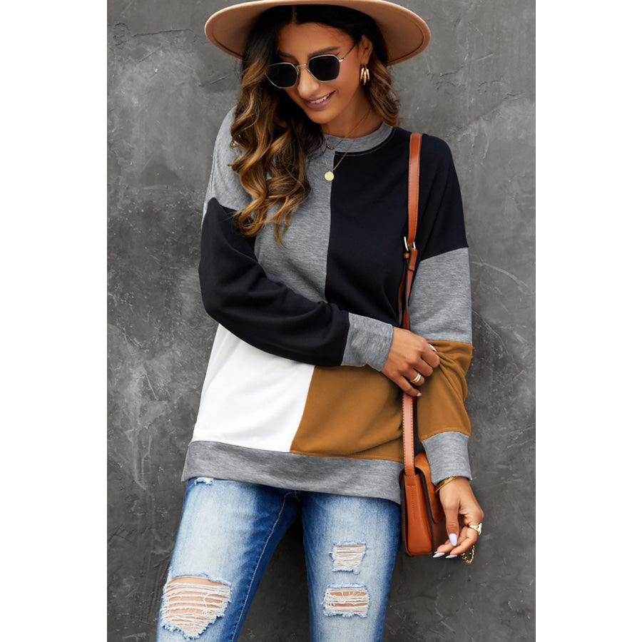 Color Block Round Neck Sweatshirt Apparel and Accessories