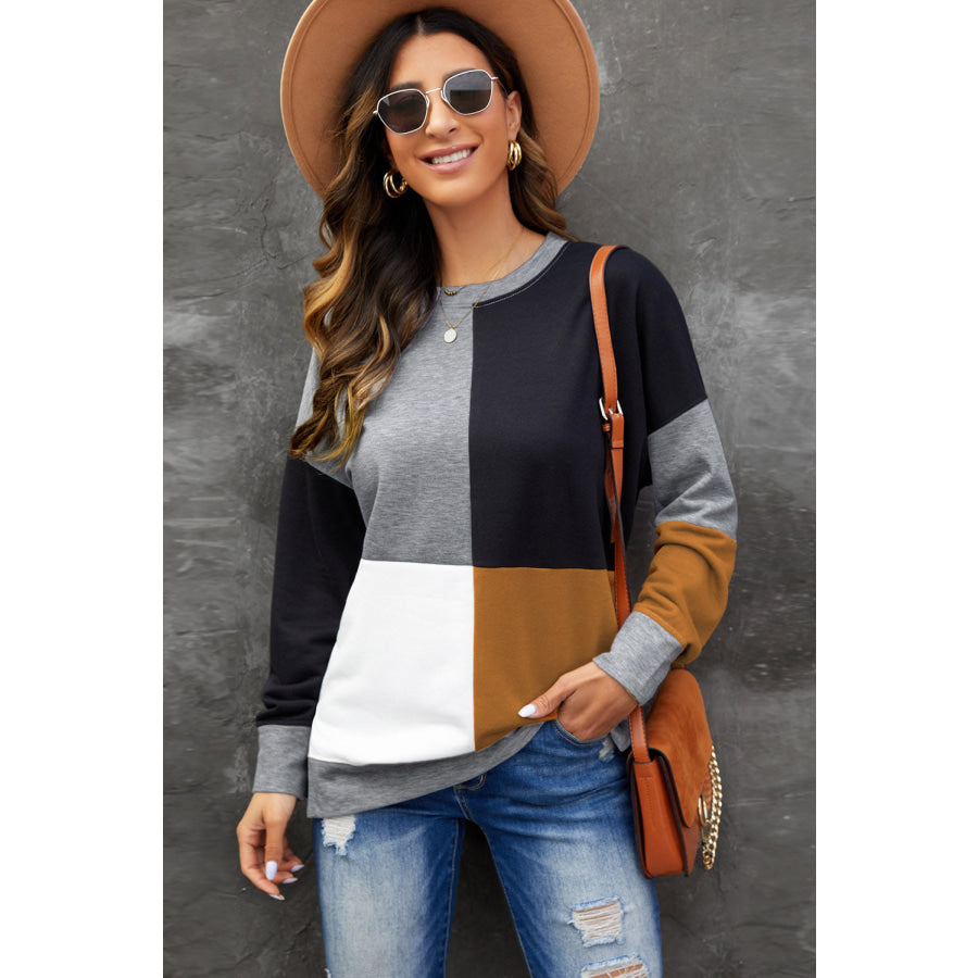 Color Block Round Neck Sweatshirt Charcoal / S Apparel and Accessories