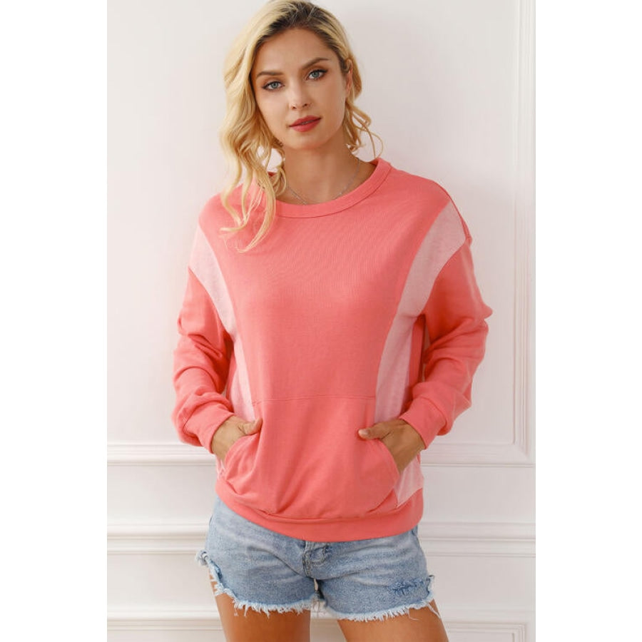 Color Block Round Neck Sweatshirt with Pocket