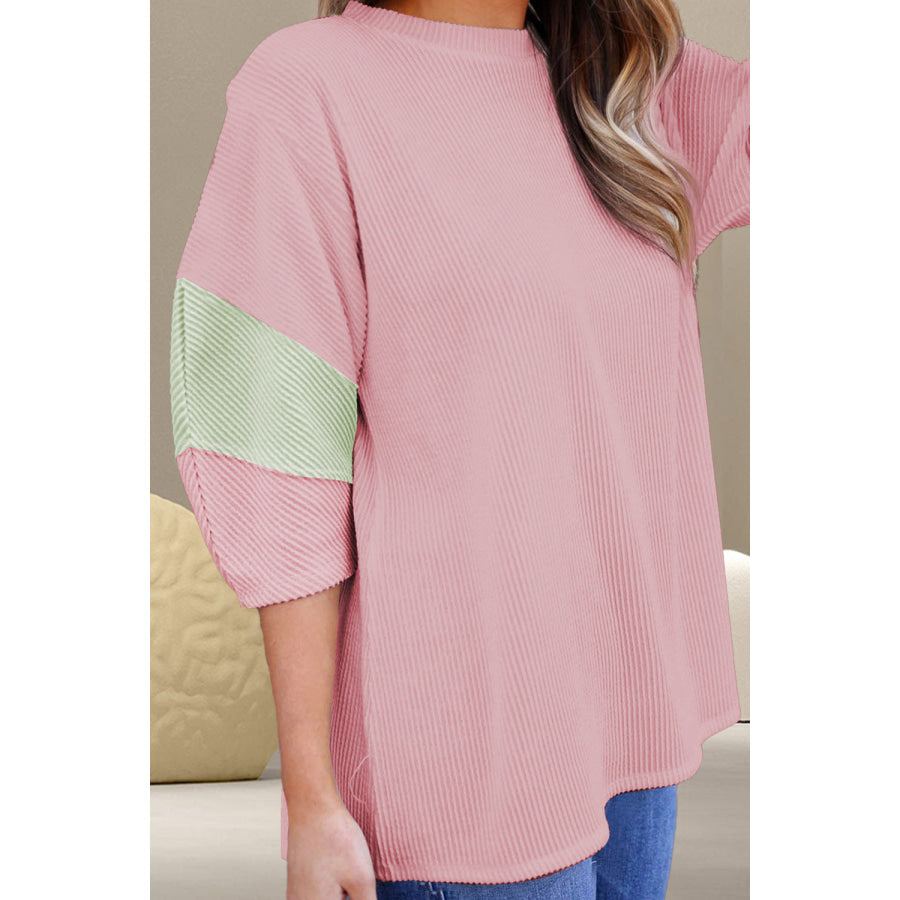 Color Block Round Neck Three-Quarter Sleeve Blouse Apparel and Accessories