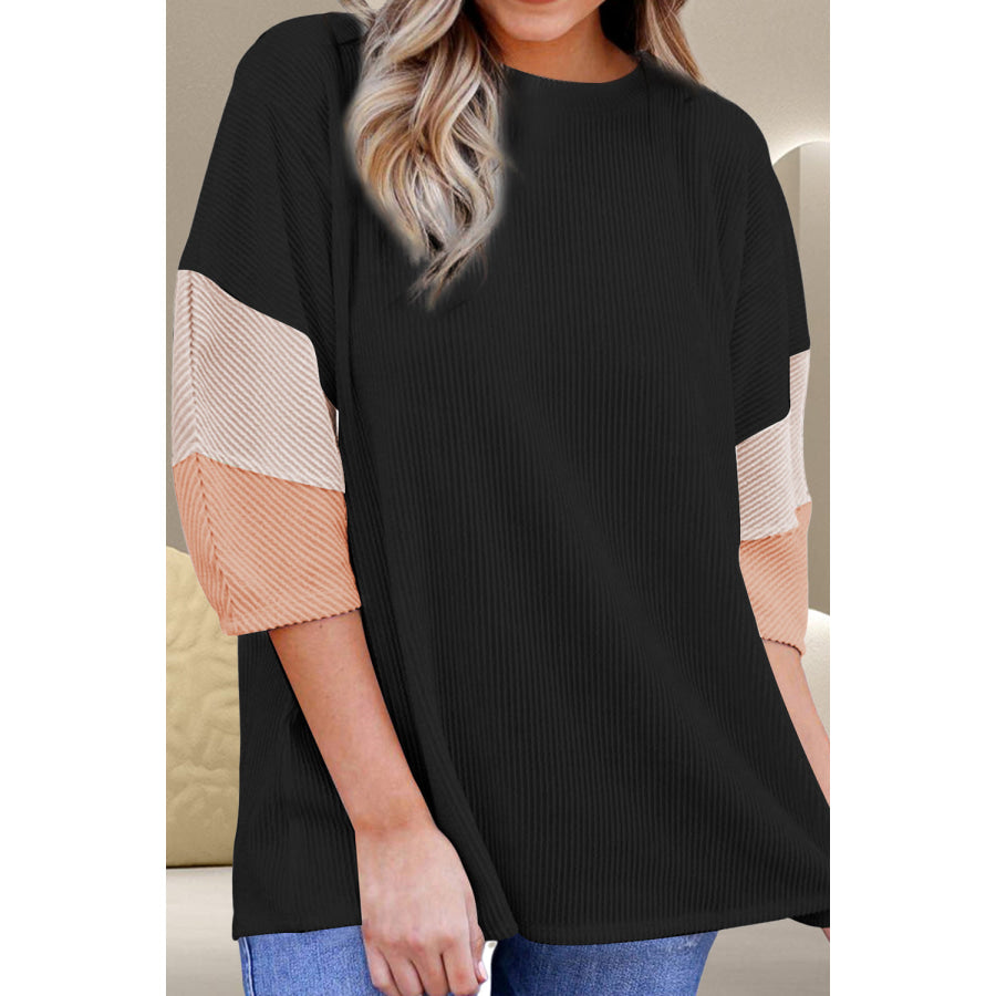 Color Block Round Neck Three-Quarter Sleeve Blouse Black / S Apparel and Accessories