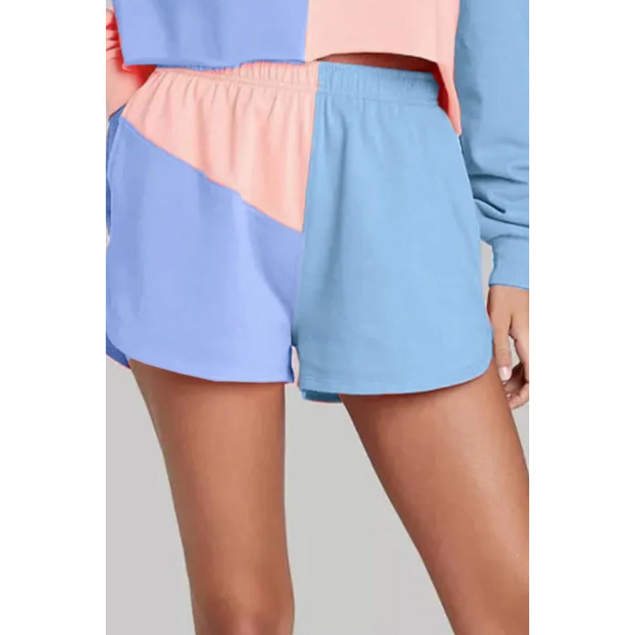 Color Block Round Neck Top and Shorts Set Light Blue / S Apparel and Accessories