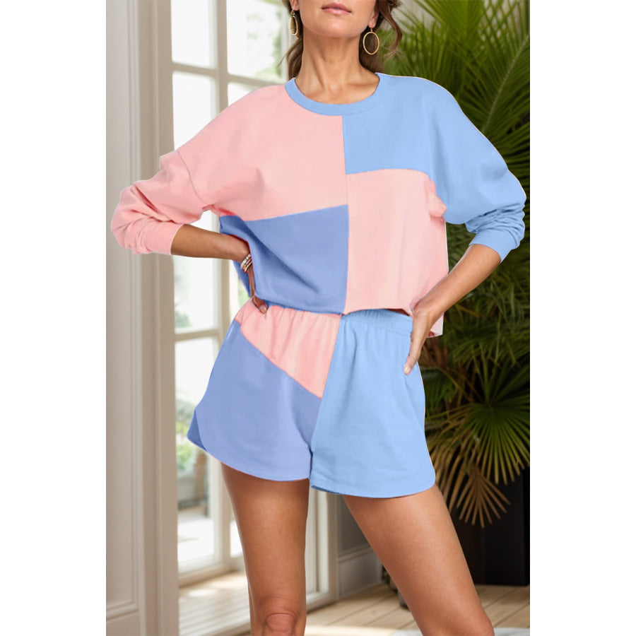 Color Block Round Neck Top and Shorts Set Light Blue / S Apparel and Accessories
