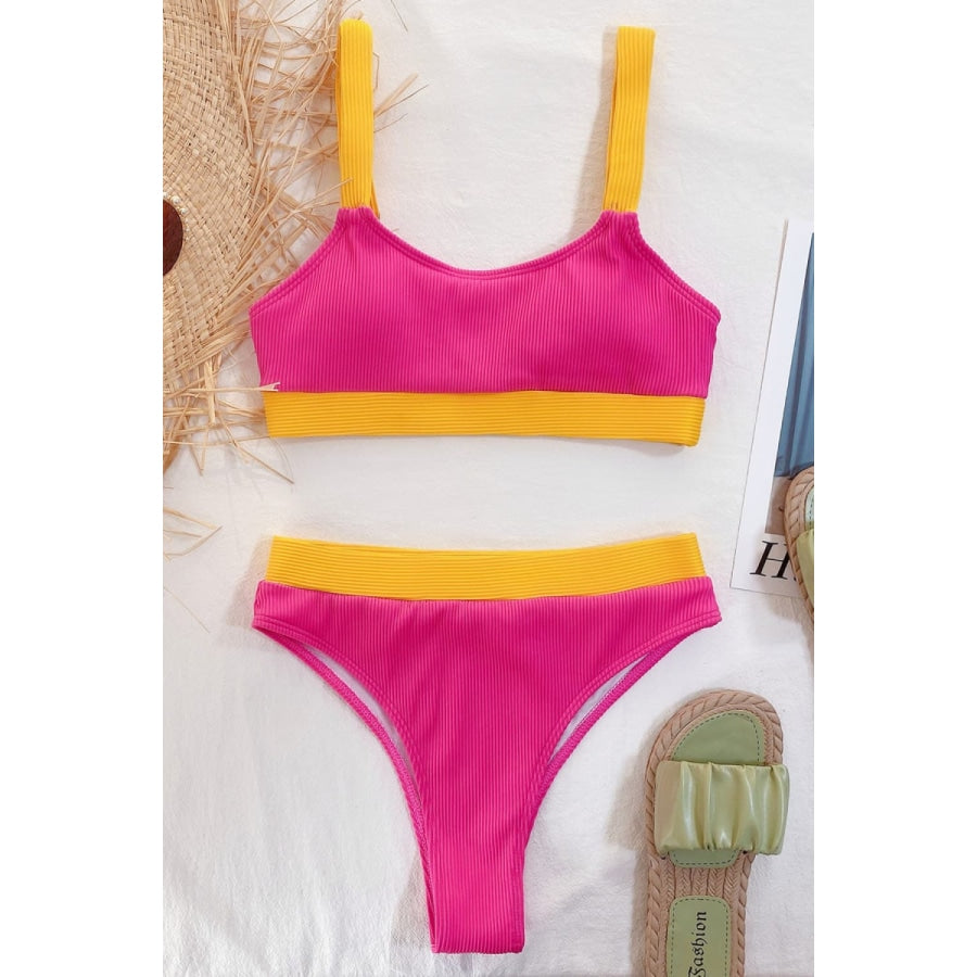 Color Block Scoop Neck Bikini Set Hot Pink / S