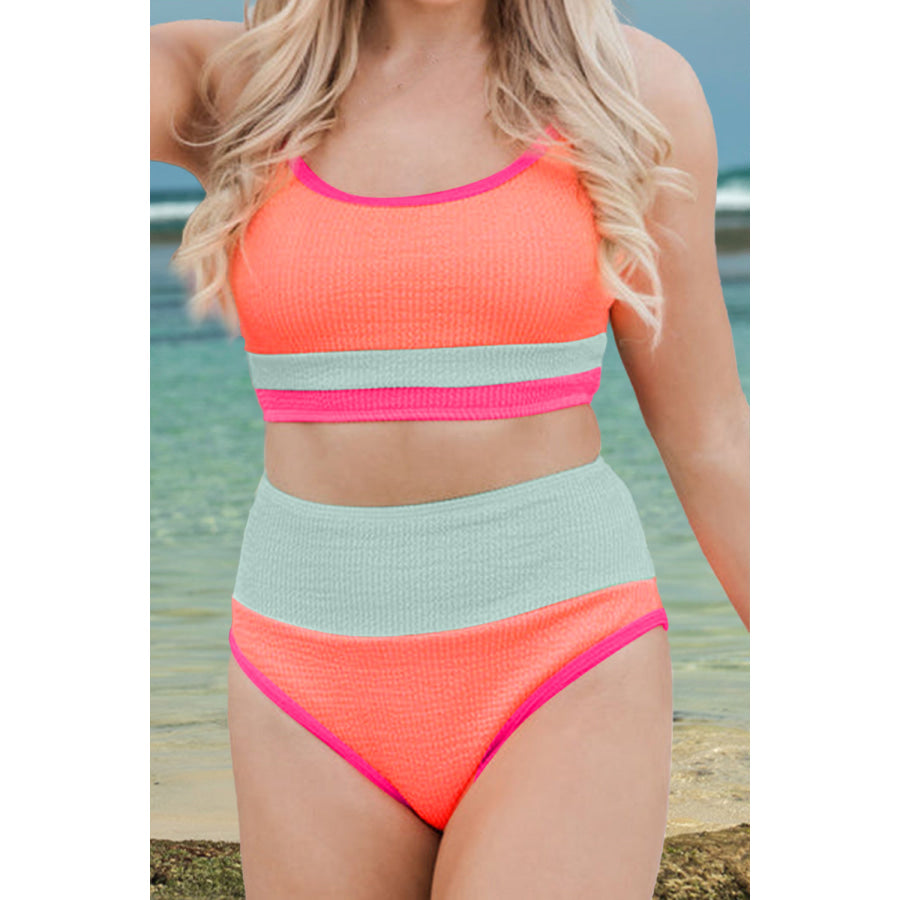 Color Block Scoop Neck Two-Piece Swim Set Coral / S Apparel and Accessories