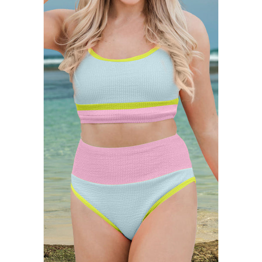 Color Block Scoop Neck Two-Piece Swim Set Mint Blue / S Apparel and Accessories