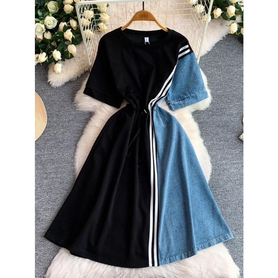 Color Block Short Sleeve Casual Dress Black / One Size Apparel and Accessories