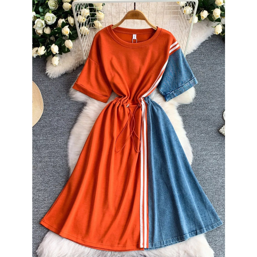 Color Block Short Sleeve Casual Dress Orange Red / One Size Apparel and Accessories