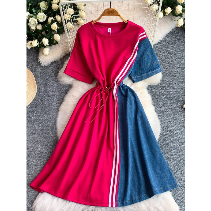 Color Block Short Sleeve Casual Dress Rose Red / One Size Apparel and Accessories