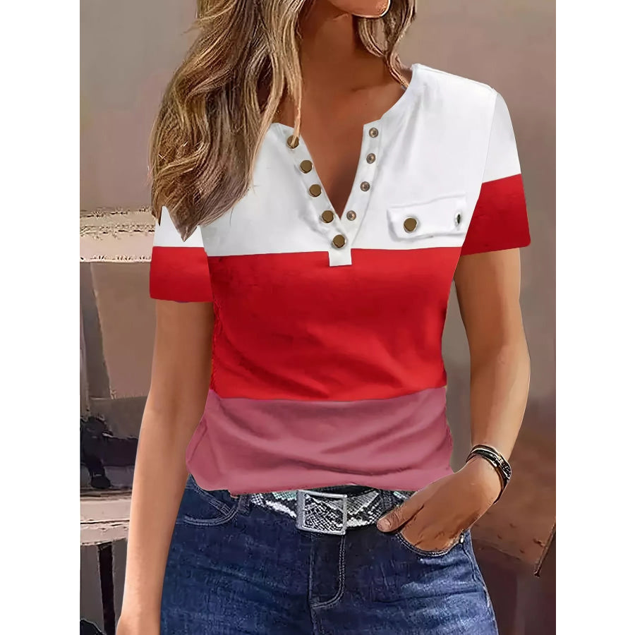 Color Block Short Sleeve Casual T-Shirt Red / S Apparel and Accessories