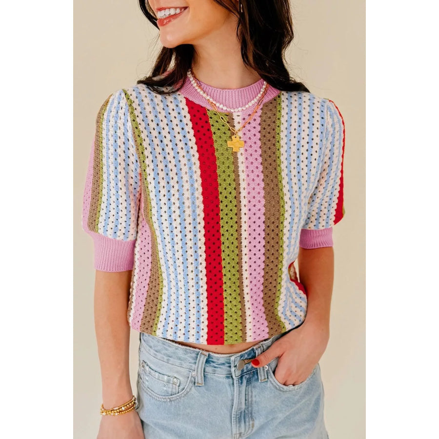 Color Block Short Sleeve Striped Crochet Knit Top Apparel and Accessories