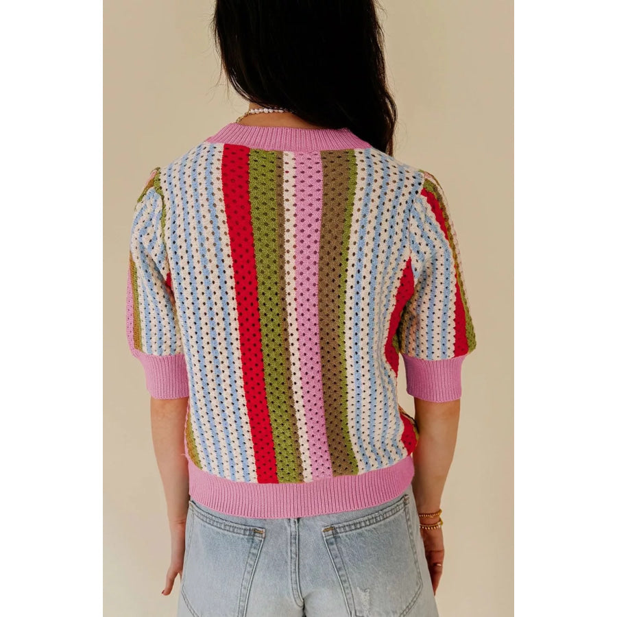 Color Block Short Sleeve Striped Crochet Knit Top Apparel and Accessories