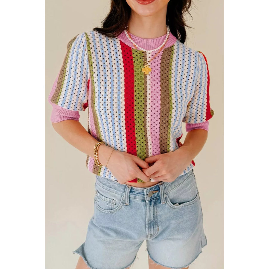 Color Block Short Sleeve Striped Crochet Knit Top Apparel and Accessories
