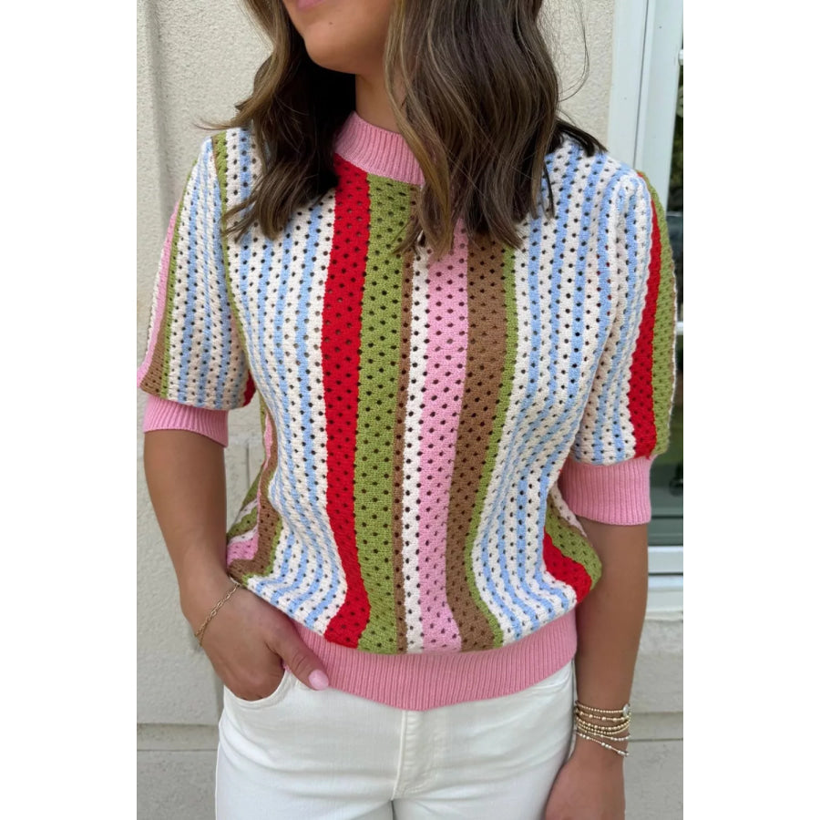 Color Block Short Sleeve Striped Crochet Knit Top Apparel and Accessories