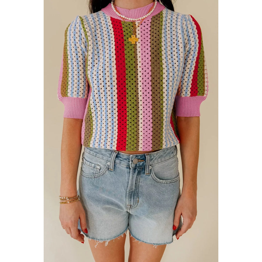 Color Block Short Sleeve Striped Crochet Knit Top Apparel and Accessories