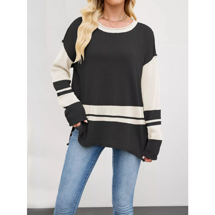 Color Block Side Slit Sweater Black / S Apparel and Accessories