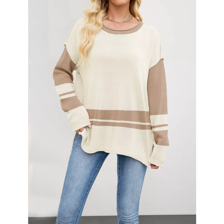 Color Block Side Slit Sweater Khaki / S Apparel and Accessories