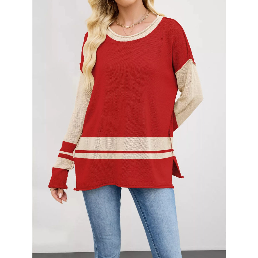 Color Block Side Slit Sweater Red / S Apparel and Accessories