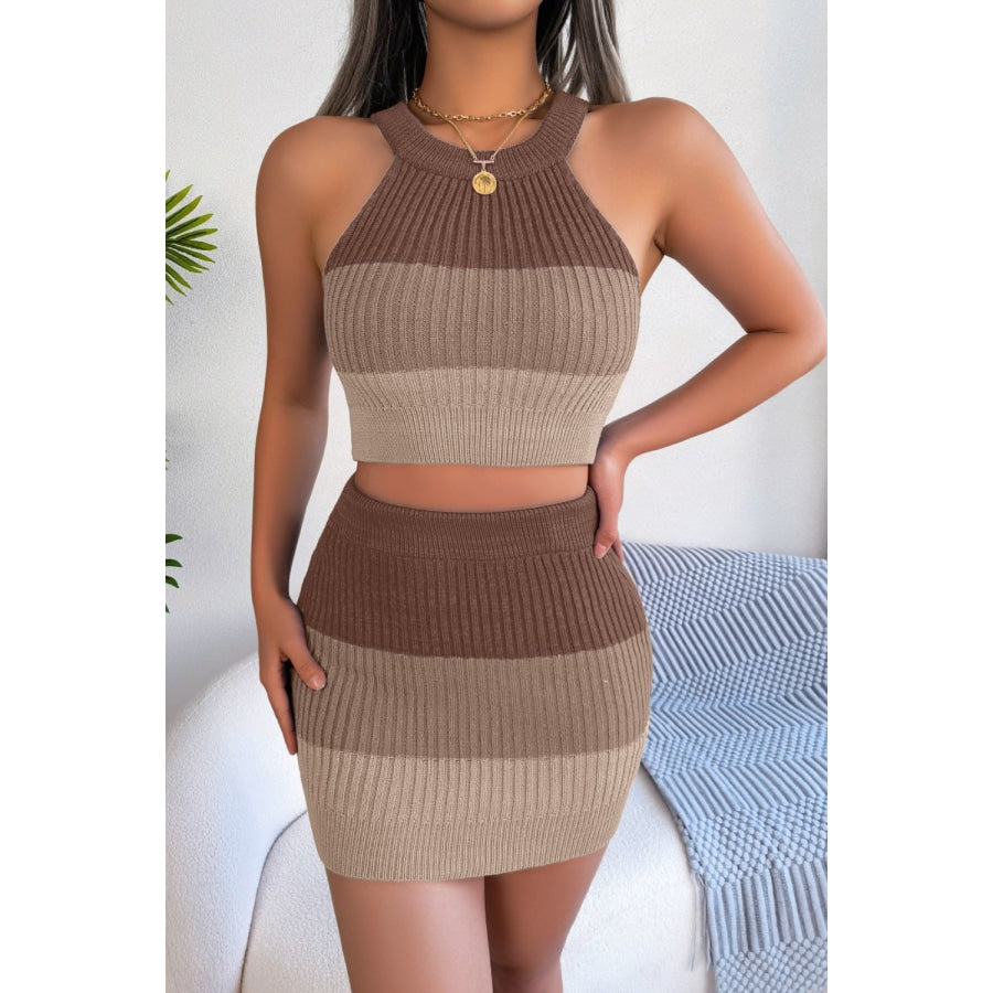 Color Block Sleeveless Crop Knit Top and Skirt Set Camel / S