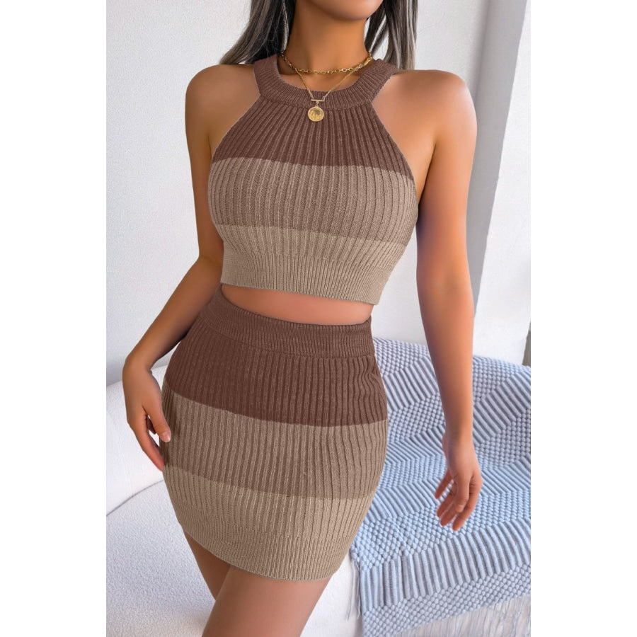 Color Block Sleeveless Crop Knit Top and Skirt Set