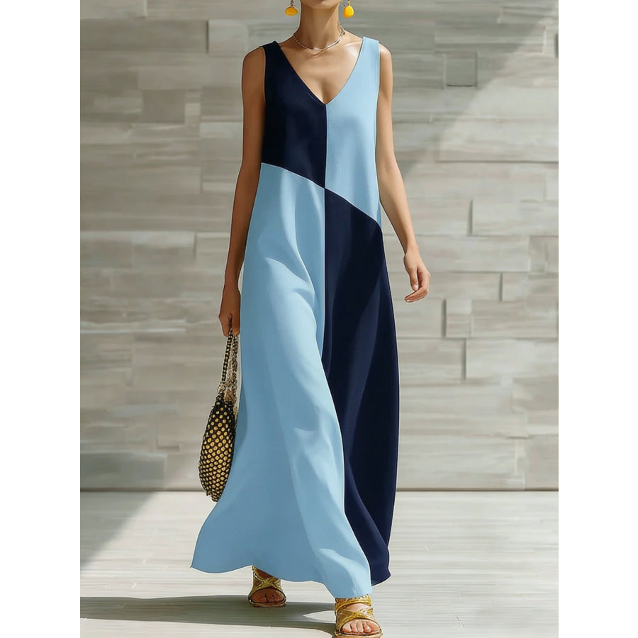 Color Block Sleeveless Maxi Dress Light Blue / S Apparel and Accessories
